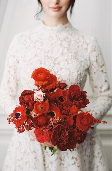 Winter Wedding Ceremony, Winter Wedding Red, Winter Bridal Bouquets, Red Anemone, Winter Bridesmaids, Winter Bridesmaid Dresses, Red Bouquet Wedding, Winter Wedding Bouquet, January Wedding