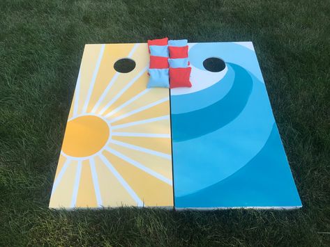 Beach Cornhole Boards, Painting Cornhole Boards, Cornhole Boards Painting Ideas, Corn Hole Design Ideas, Painting Cornhole Boards Designs, Cornhole Boards Designs Diy Paint, Cornhole Paint Ideas, Corn Hole Boards Designs Paint, Painted Cornhole Boards