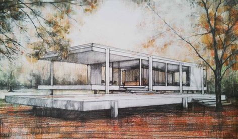 Istorie – Vlad Bucur Farnsworth House Drawing, Farnsworth House Sketch, Farnsworth House, 3d Sketch, Casa Batlló, Dance Paintings, House Sketch, Perspective Art, Perspective Drawing