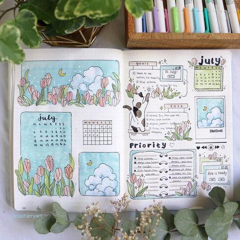 Bujo Design Ideas, Notebook Theme Ideas, Bujo Theme Ideas List, July Journal, Journal Ideas Design, July Bullet Journal, Bullet Journal Theme Ideas, Journal Designs, Journal Design Ideas