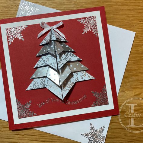 Teabag folding Stampin' Up! First Frost DSP to create a dimensional Christmas Tree Folded Christmas Tree, 12 Days Of Christmas Ornaments, Card Ornaments, Folded Christmas Cards, Teabag Folding, Handcrafted Christmas Cards, Christmas Tree Card, Fancy Fold Card Tutorials, Christmas Card Ornaments