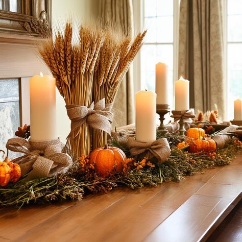 A dining table or mantel decorated with bundles of wheat sheaves, tied with burlap ribbon and surrounded by candles, creating a simple yet elegant harvest-inspired fall decor. Fall Church Decor, Harvest Decorations For Church, Fall Church Decorations, Alter Decor, Wheat Sheaf, Painter And Decorator, Festival Diy, Fall Arrangements, Harvest Decorations