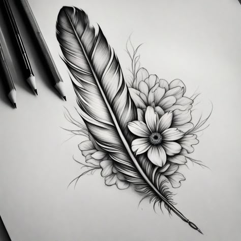 Feather With Flowers Tattoo Design, Feather And Flower Tattoo, Plume Tattoo, Small Flower Tattoos For Women, All Seeing Eye Tattoo, Big Cat Tattoo, Colored Tattoo Design, Buddha Tattoo Design, Family Tattoo Designs