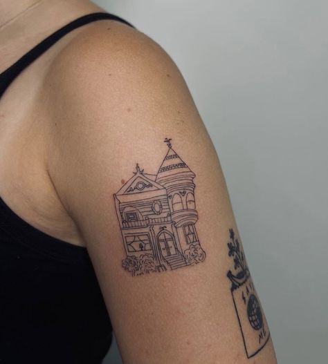 San Francisco Tattoos, House Outline Tattoo, Victorian House Tattoo, Gio Tattoo, Building Tattoo, San Francisco Tattoo, Dna Tattoo, House Tattoo, Writing Tattoos