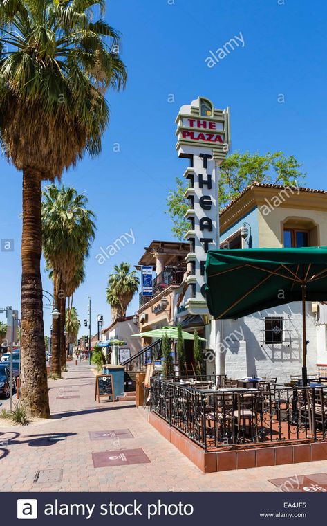 Download this stock image: Stores and restaurants on S Palm Canyon Drive in historic Plaza Theatre district, Palm Springs, California, USA - EA4JF5 from Alamy's library of millions of high resolution stock photos, illustrations and vectors./ Palm Springs Downtown, Spring Movie, Country America, Oasis Springs, Palm Canyon, Gods Country, Theater District, Riverside County, Palm Springs California