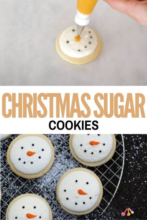 Snowman Face Sugar Cookies, Snowman Face Cookies, Buttercream Frosted Christmas Cookies, Snowman Sugar Cookies Decorated, Christmas Snowman Cookies, Santa Cookies Decorated, Winter Themed Desserts, Santa Desserts, Snowman Cookies Recipe