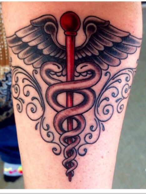 caduceus tattoo by Michael Kuykendall at Artistic Ink Auntie Tattoo, Nursing Tattoos, Medical Tattoo Nurse, Caduceus Tattoo, Ekg Tattoo, Pinterest Tattoo Ideas, Girls Tattoos, Nurse Tattoo, Medical Tattoo