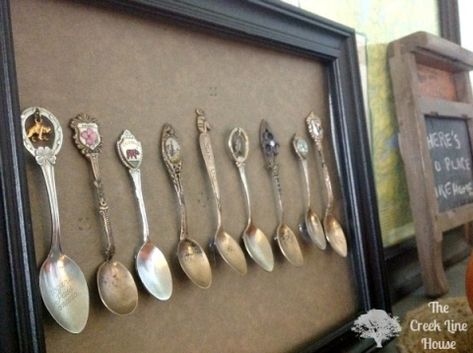 Souvenir Spoon Display Ideas, Spoon Display, Mini Spoons, Spoon Art, Antique Spoons, Spoon Collection, Collection Display, Quirky Home Decor, Shadow Boxes