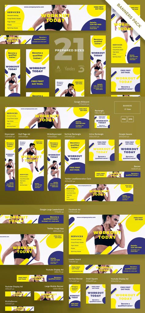 Gym Workout Banner Pack Template EPS, PSD - 21 banner formats with beautiful design for your needs - Super clean and professionally designed Illustrator document template - Easy to use and customise layered Photoshop template 21 Banner, Medical Website Design, What Is Fashion Designing, Banners Template, C 21, Banner Templates, Abc Poster, Banner Ads Design, Web Banners