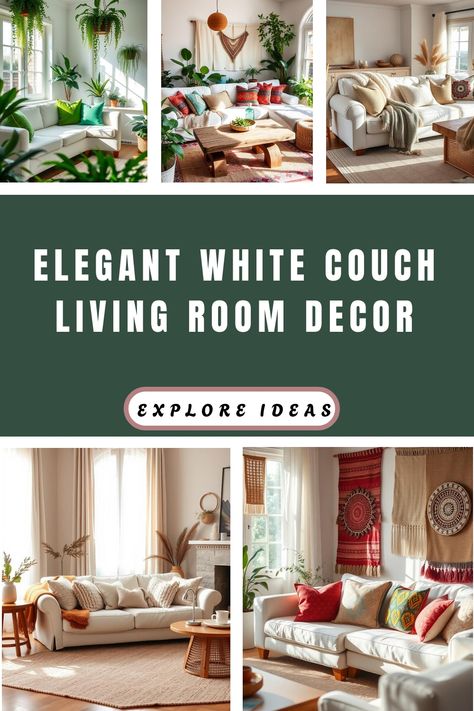 Collage of stylish living rooms featuring elegant white couches and vibrant decor accents. White Slipcover Sofa Living Room Ideas, White Cozy Living Room, White Couch Living Room Decor, White Couch Living Room Ideas, White Sofa Living Room Ideas, Cream Couch Living Room, Slipcovered Sofa Living Room, White Slipcover Sofa, White Couch Living Room