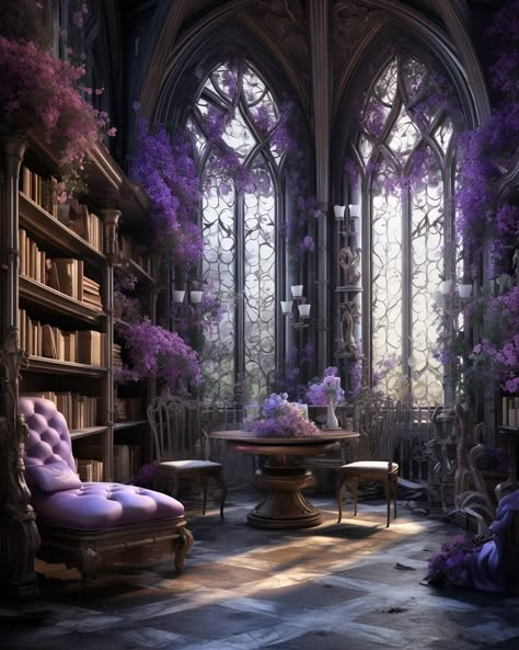 Purple Victorian Room, Purple Library Aesthetic, Purple Library, Purple Bookshelves, Game Architecture, Victorian Gothic Interior, Dark Cottagecore House, Victorian Castle, Interior Concept Art