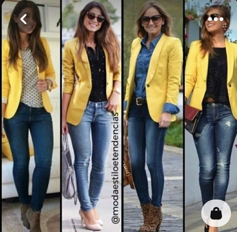 Mustard Blazer Outfits For Women, Mustard Blazer Outfit, Yellow Blazer Outfit, Orange Blazer Outfits, Yellow Outfits, Jeans Blazer, Blazer Outfits Casual, Jacket Outfit Women, Blazer Outfits For Women