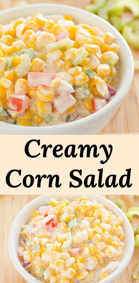 Creamy Corn Salad Recipe - Sweet corn is turned into a creamy mayo based Southern style side dish that's perfect with BBQ and all other meats. Make it yearround bu substituting substituting frozen corn. #recipes #veggies #cornsalad #Southernsidedish #picnicrecipes Cold Corn Salad, Creamy Corn Salad, Creamy Sweet Corn, Sweet Corn Salad Recipe, Sweet Corn Salad, Cold Side Dishes, Corn Recipes Side Dishes, Sweet Corn Recipes, Canning Sweet Corn