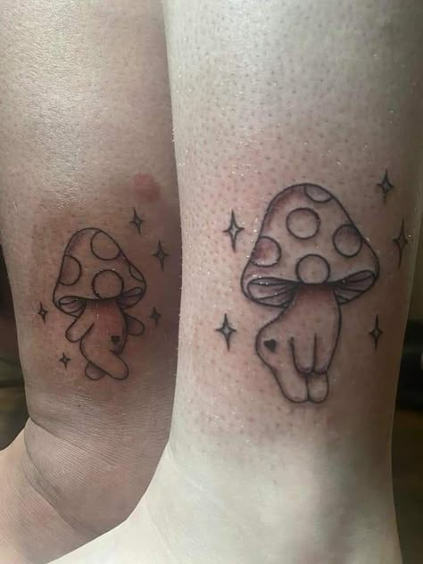 Couples Mushroom Tattoo, Funny Mushroom Tattoo, Matching Tattoos Goth, Matching Mushroom Tattoos, Bea Tattoo, Cute Mushroom Tattoo, Mariposas Tattoo, Sarah Tattoo, Ripped Skin Tattoo