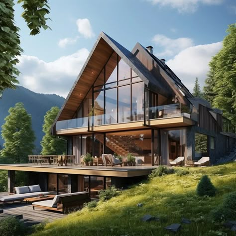 German Houses Modern, Modern German House, Nordic House Design Exterior, Mountain Villa Design, Modern Mountain House Exterior, Modern Swiss Chalet, House On A Cliff, Switzerland Home, Wooden Villa