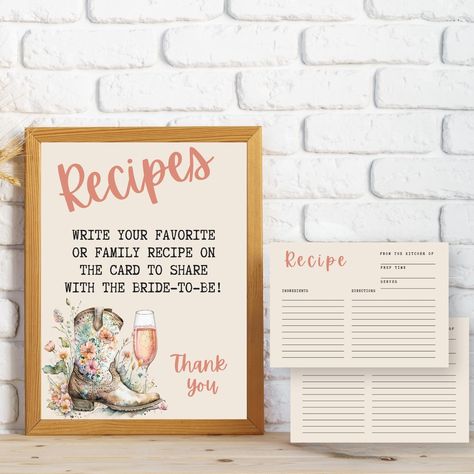 Sizzling hot deal! Boots and Bubbly Bridal Shower Recipe Card | Share A Recipe | Recipe Card For Bride | Printable Recipe Card | Bridal Shower Insert - BBCG, available at a unbeatable price of $16.00 Ignite the town! #RecipeCardTemplate #BridalRecipeCard #BridalShowerRecipe #RecipeCardInsert #RecipeCardRequest #RecipeForTheBride #BridalShowerInsert #PrintableRecipe #ShareARecipeCard #InstantDownload Recipe Bridal Shower Ideas, Boots And Bubbly Bridal Shower, Bridal Recipe Cards, Boots And Bubbly, Card For Bride, Bridal Shower Checklist, Shower Checklist, Fall In Love Bridal Shower, Printable Recipe Card