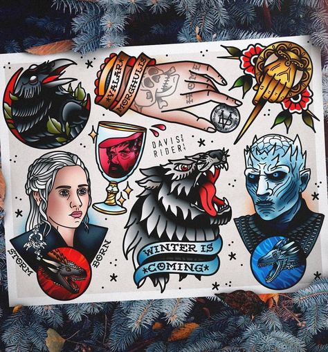 Traditional Tattoo on Instagram: “Waiting for new season? #flash by @davis.rider ... ... ... ... #traditional #traditionalflash #flashtattoo #traditionalartist…” Traditional Game Of Thrones Tattoo, Harry Potter Traditional Tattoo, Traditional Harry Potter Tattoo, Disney Traditional Tattoo, Movies Tattoo Ideas, Davis Rider, School Movies, Traditional Ideas, Game Of Thrones Tattoo