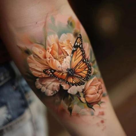 Rose And Butterfly Tattoo Sleeve, Monarch Butterflies Tattoo, Tattoos For Women Ribs, Large Floral Tattoo, Succulent Tattoos, Beautiful Butterfly Tattoos, Tattoo With Butterfly, Monarch Tattoo, Serenity Tattoo