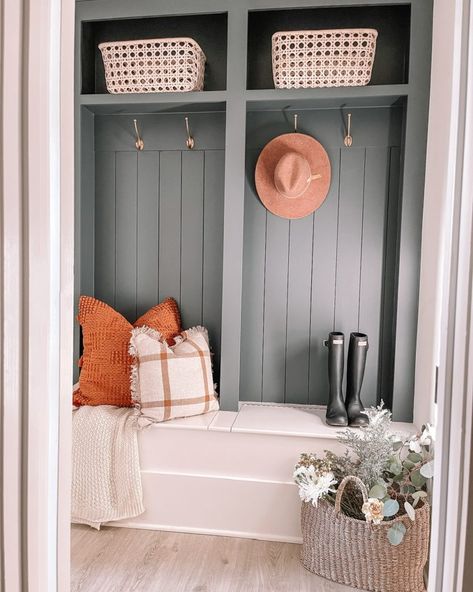 Mudroom Nook, Mud Room Area, Mudroom Paint, Alexa Anglin, Mudroom Paint Color, Moody Paint, Closet Nook, Entry Nook, Vertical Shiplap