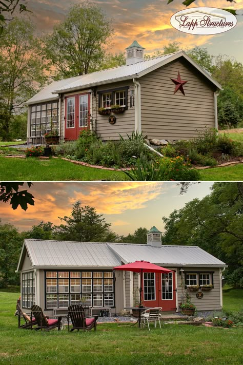 Garden Shed Greenhouse Combo Diy Plans, Greenhouse With Potting Shed, Garage And Greenhouse Combo, She’d Greenhouse Combo, Shed With Gazebo Attached, She Shed With Greenhouse Attached, Greenhouse With Shed Attached, Barn Greenhouse Combo, She Shed With Greenhouse