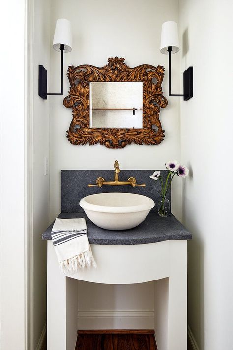 Unique Bathroom Designs Photography Room Ideas, Vintage Powder Room, Half Bath Design, Small Bathroom Paint, Unique Bathroom Design, Powder Room Mirror, Room Mirror, Powder Room Design, Stunning Interior Design