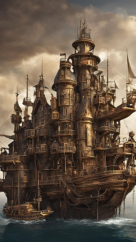 Visit our Channel for all type of fantasy #Steampunk #fantasyart #fantasy Pirate Building Concept Art, Steampunk Pirate Aesthetic, Steampunk Castle, Sequential Illustration, Fantasy Art Style, Steampunk Printables, Steampunk Ship, Steampunk Artwork, Steampunk Fantasy