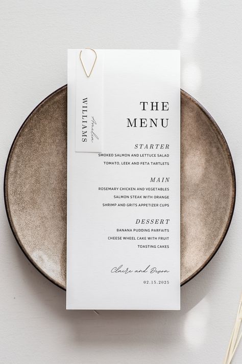 Minimalist, elegant wedding menu template with a drinks menu in the backside, and a place card. The beautiful and minimalist design is perfect for a more classic, elegant wedding theme. This menu is part of the Claire Collection that also features an elegant wedding Invitation, a QR code RSVP and a Details Card. Visit my shop for more information. Classic Elegant Wedding Theme, Menu With Place Card, Menu Design Ideas Templates, Menu And Place Card, Name Card Wedding, Elegant Wedding Theme, Menu Minimalist, Minimalist Modern Wedding, Wedding Drink Menu