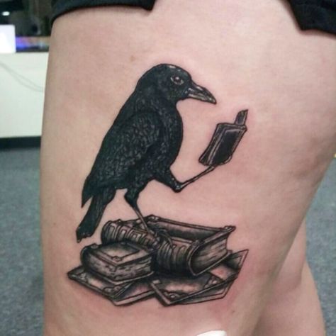 35 Meaningful Literary Tattoos Only True Bookworms Would Get Ravenclaw Tattoo, Literary Tattoos, Crow Tattoo, Raven Tattoo, Arm Band Tattoo, Arrow Tattoos, Book Tattoo, Small Tattoo Designs, Friend Tattoos