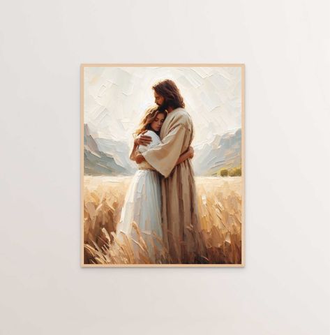 "In the painting \"Healing Embrace\" Jesus extends his arms in a comforting embrace to a young woman standing in an open field. His compassionate gaze meets hers with warmth and understanding, offering solace and healing to her weary soul. The vast expanse of the field symbolizes the freedom and space for emotional release and renewal.  Soft sunlight bathes the scene, casting a gentle glow that infuses the moment with a sense of divine presence and peace. Each stroke of the artist's brush captur Jesus Holding Woman, Jesus Hugging Girl, Jesus Hugging Woman, Jesus Hugging, Christian Painting, Silent Whisper, Emotional Release, Weary Soul, Modern Christian Art