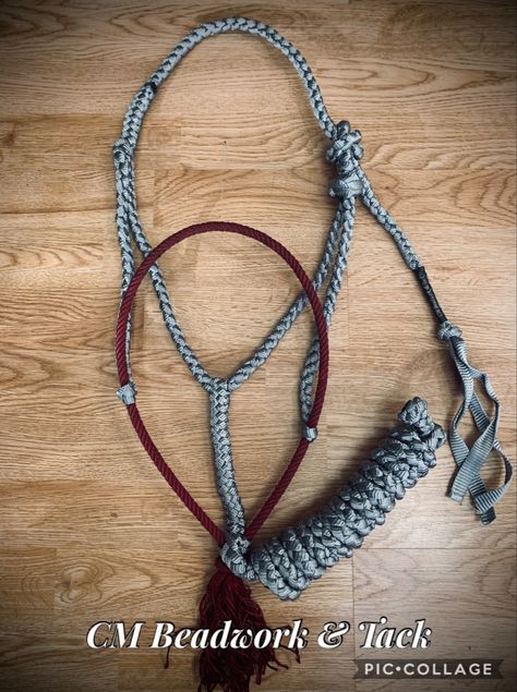 🌵Lariat Nose Halter-Grey Mule Tape with a Cherry Nose Band🌵  💥Shoot my page a message for a pricing on these halters or to get your custom Muletape order in💥  You can find us on Facebook @CMBeadworkandTack to place your custom Mule Tape Tack order! How To Make Rope Halters For Horses, Mule Tape Tack, Rope Halters For Horses, Horse Basics, Muletape Halter, Horse Rope Halter, Mule Tape Halter, Band Shoot, Horse Feeder