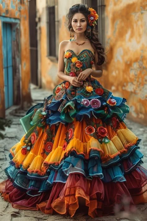 Mexico Culture Outfits, Catrina Dress, Flamenco Fashion, Traditional Mexican Dress, Quinceanera Themes Dresses, Spanish Dress, Flamenco Dress, Mexican Fashion, Colorful Dress