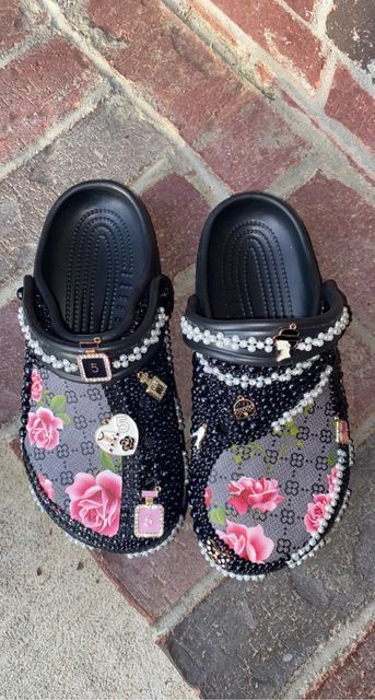 Customized Black Crocs, Crocs Customize Paint, Custom Made Crocs, Rhinestone Black Crocs, Customized Crocs Shoes, Customized Diamond Crocs Shoes, Designer Crocs, Croc Decorations, Crocs With Charms