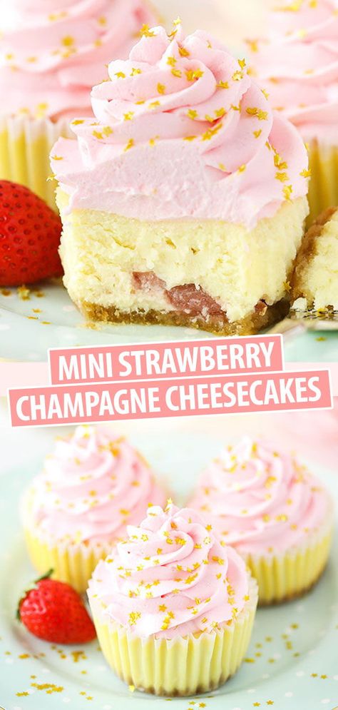 This festive recipe for Mini Strawberry Champagne Cheesecakes is full of champagne and strawberry flavor and perfect for New Year’s Eve! Their mini size makes them perfect for sharing with a crowd! Strawberry Champagne Cheesecake, Birthday Treat Ideas For Adults, New Year Day Dessert Ideas, New Years Eve Party Desserts, New Year’s Eve Cheesecake, New Years Cheesecake, New Years Baking Ideas, New Year’s Eve Dessert Ideas, New Year’s Eve Desserts