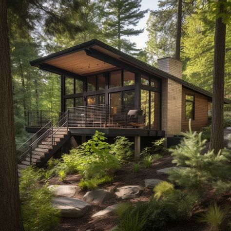 Cabin In The Woods Plans, Mountain Small House, Modern Rustic Home Exterior, Small Modern Home Design, Modern Cabin Exterior, Chalet Modern, Apaneca, Modern Cabin Plans, Modern Mountain Cabin