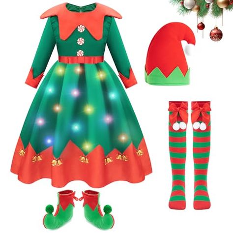 Meland Elf Costume for Kids, Light Up Christmas Costumes for Kids Girls with Christmas Shoe Covers Elf Outfit for Kids 4-12 Elf Costume For Kids, Christmas Costumes For Kids, Elf Outfit, Elf Dress, Outfit For Kids, Kids Light, Elf Clothes, Christmas Shoes, Costume For Kids