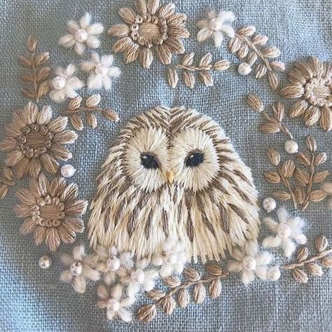 Owl Hand Embroidery, Boho Hand Embroidery, Embroidery Owl Patterns, Nature Embroidery Inspiration, Owl Embroidery Pattern, Embroidery Owl, Crazy Embroidery, Lion Embroidery, Embroidered Owl