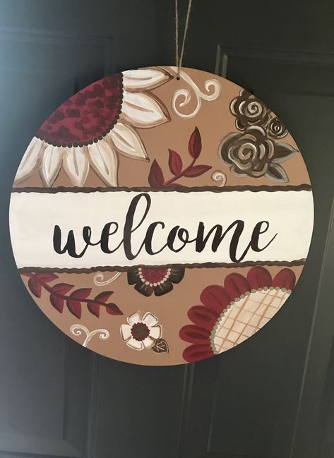 Circle Mdf Board Painting Ideas, Diy Welcome Sign Wood Circle, Circle Door Signs Diy, Round Wooden Canvas Painting, Boho Circle Wood Sign, Circle Welcome Sign Front Door With Flowers, Wall Art Diy Paint, Name Plate Design, Welcome Signs Front Door