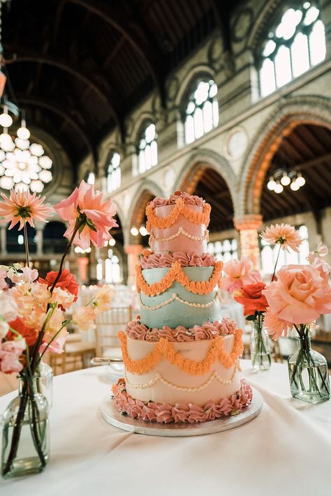 Bold Wedding Cake, Wedding Cake Colourful, Colorful Vintage Wedding Cake, Quirky Wedding Cake, Maximalist Wedding Cake, 70s Wedding Cake, Bright Wedding Cake, Colourful Wedding Cake, Wedding Cake Aesthetic