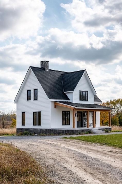 66 Rustic Modern Farmhouses for Stylish Country Living Farmhouse With Black Accents, Midwest Farmhouse, Black Metal Roof, Farmhouse Stand, Black Window Frames, White Siding, Farmhouse Architecture, Stone Chimney, Vertical Siding