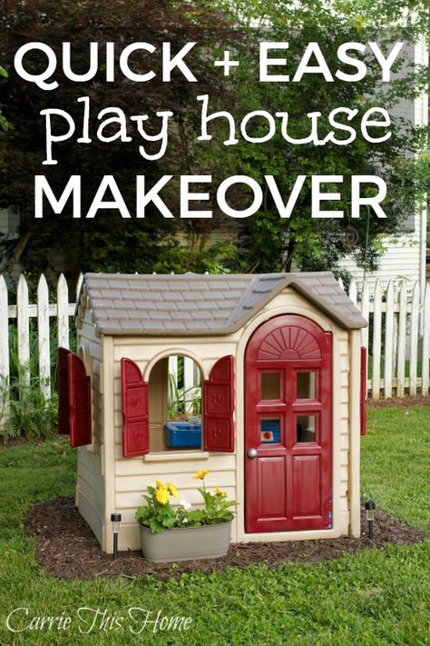 A little paint makes a huge difference! Perfect for those yard sale finds!  Little Tikes House Makeover Diy Playhouse Makeover, Painted Playhouse, Plastic Playhouse, Kids Indoor Playhouse, Playhouse Makeover, Backyard Playset, Indoor Playhouse, Diy Playhouse, Build A Playhouse