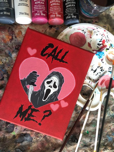 Ghostface Acrylic Painting, Spooky Love Painting, Scream Painting Aesthetic Easy, Painting Ideas Ghostface, Painting Ideas On Canvas Scary, Scary Painting Ideas On Canvas, Painting Ideas On Canvas Horror, Cute Easy Halloween Paintings, Scream Painting Easy