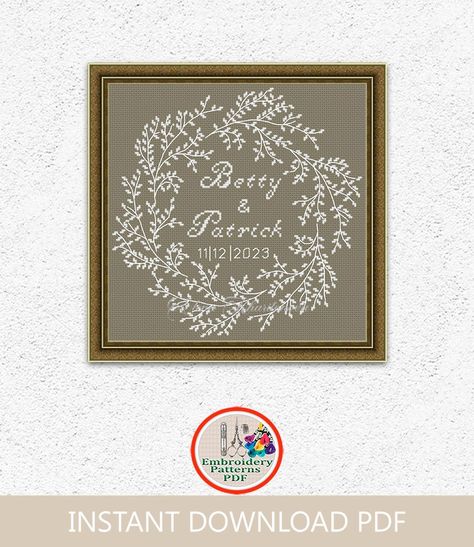 Cross Stitch Wedding Patterns, Wedding Counted Cross Stitch Patterns, Wedding Sampler Cross Stitch Free, Wedding Cross Stitch Patterns Marriage, Wedding Sampler Cross Stitch Pattern, Diy Engagement Gifts, Wedding Sampler Cross Stitch, Sampler Embroidery, Wreath Cross Stitch Pattern