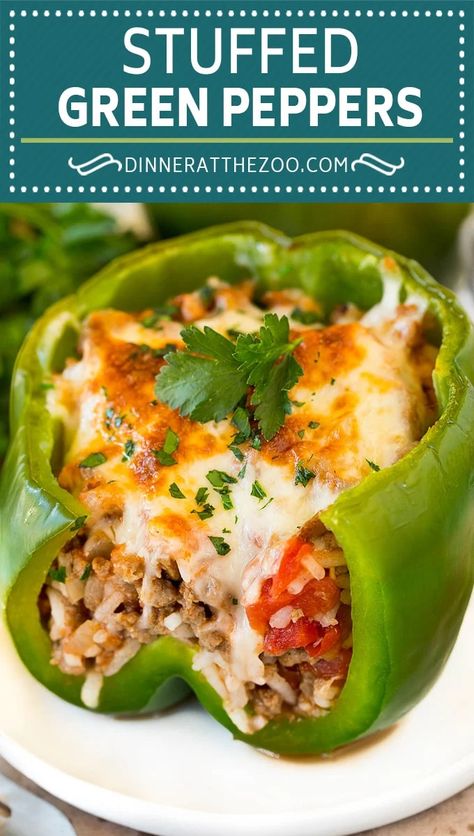 These stuffed green peppers are tender bell peppers filled with ground beef, rice, tomatoes and cheese. An easy and hearty comfort food classic that always is a hit with both kids and adults. Green Bell Pepper Recipes, Stuffed Bell Peppers Ground Beef, Peppers Ground Beef, Best Stuffed Pepper Recipe, Easy Stuffed Pepper Recipe, Green Pepper Recipes, Stuffed Pepper Recipe, Stuffed Bell Pepper, Stuffed Peppers With Rice