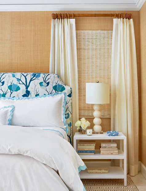 Considering Grass-Cloth Wallpaper? Here's What to Know Before Applying the Classic Material White Coastal Bedroom, Bedroom Throw Pillows, Grass Cloth Wallpaper, Tropical Chic Decor, Costal Bedroom, Coastal Bedroom Ideas, Cloth Wallpaper, Bedroom Throw, Taupe Walls