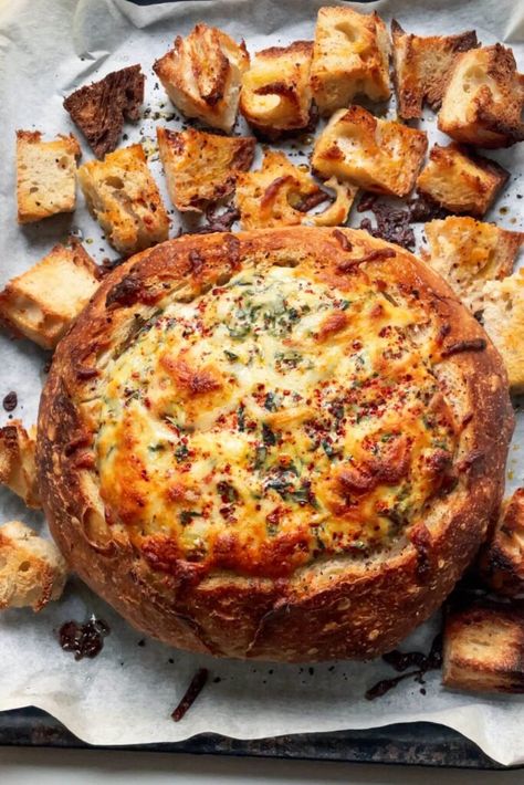 Cheesy Spinach Cob Loaf (Dip in a Bread Bowl) - Dished by Kate Cobb Bread, Cob Loaf Dip Recipes French Onion, Cheese Bread Bowl Dip, Spinach Artichoke Dip In Bread Bowl, Cheese Bread Bowl, Sourdough Bread Bowl Dip, Dip In Bread Bowl Recipes, Spinach Dip In Bread Bowl, Cob Loaf Dip Recipes