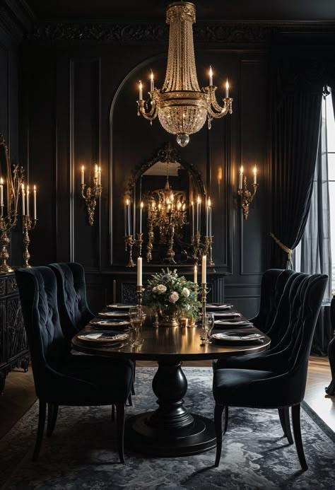 20 Chic Dining Room Ideas To Copy! Goth Dining Room, Interior Alchemy, Romantic Gothic Home Decor, Gothic Dining Room, Gothic Home Decor Ideas, Gothic Interior Design, Gothic Homes, Gothic Living Room, Goth Houses