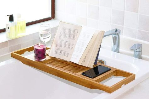 Wooden Bath Tray Table with Extending Sides, Reading Rack, Tablet Holder, Cellphone Tray and Wine Glass Holder #teak #interiordesign #furniture #midcenturymodern #wood #midcentury #design #bamboowood #s #interior #minimalist #homedecor #bathroom #bathtub #furnituredesign #woodworking #tray #architecture #vintagefurniture #decor #affiliate #bamboo Bath Tray Caddy, Bath Rack, Bath Board, Storing Towels, Bathtub Caddy, Bath Table, Bathtub Tray, Wooden Bath, Bath Tray