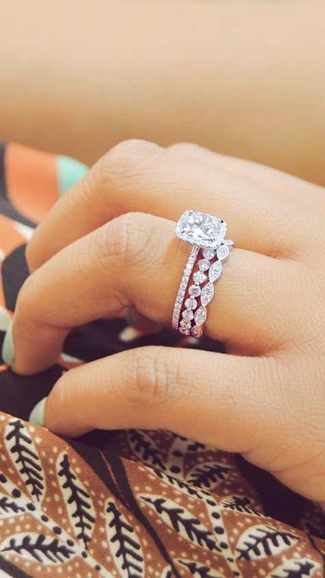 A Stunning Halo Diamond Engagement Ring and Stacking Wedding Bands by Ascot Diamonds #ascotdiamonds Stacking Wedding Bands, Ascot Diamonds, Princess Wedding Rings, Dream Wedding Ring, Stackable Rings Wedding, Stacked Wedding Rings, Wedding Diamond, Fine Diamond Jewelry, Wedding Rings Halo