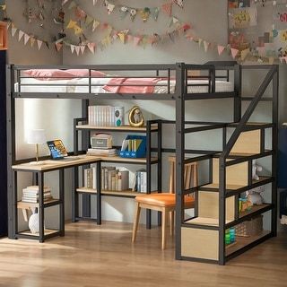 Artsy Full Size Metal Loft Bed with Desk and Metal Grid, Stylish Metal Frame Bed with Lateral Storage Ladder and Wardrobe, White - Bed Bath & Beyond - 40280140 Built In Desk And Shelves, Desk And Shelves, Metal Loft Bed, Loft Bed Frame, Kids Loft, Work And Study, Kids Loft Beds, Craft Area, Bed Frame With Storage