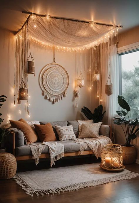 Aesthetic Hang Out Room Ideas, Orange Boho Living Room, Boho Apartment Aesthetic, Boho Chic Bedroom Ideas, Charlotte Aesthetic, Sala Zen, Boho Fans, Cozy Bohemian Living Room, Casa Dos Hobbits